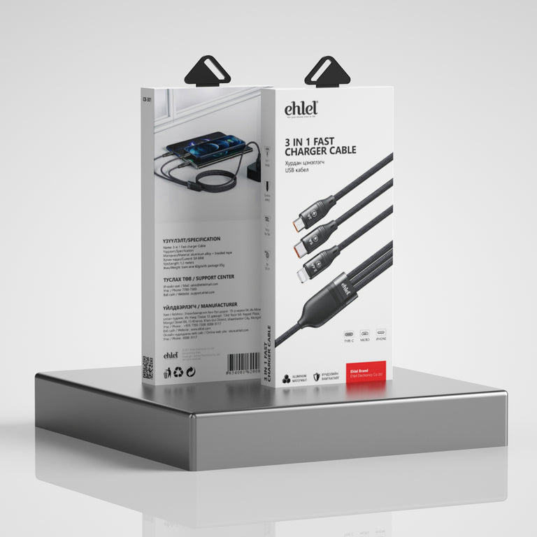 3-in-1 Fast Charging Cable (1.2m) | Ehlel QC001